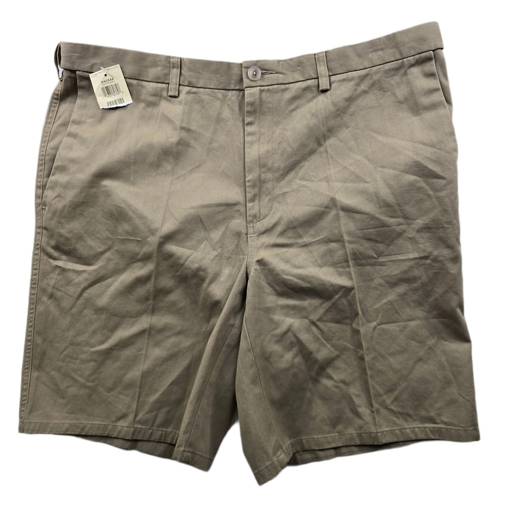 Haggar Chino Shorts Mens 40 Khaki Tan 100% Cotton Flat Front 9" NEW